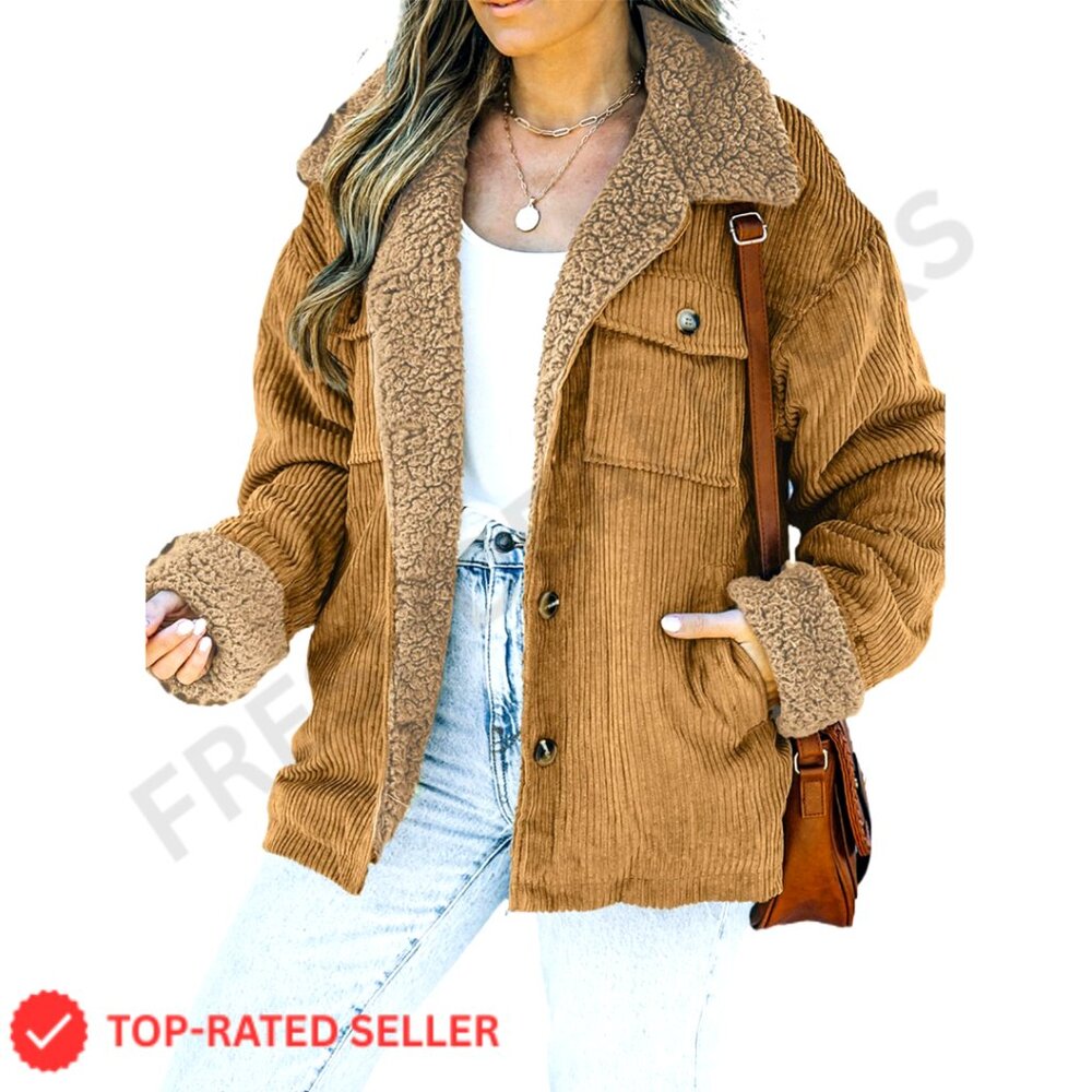 Corduroy Sherpa Jacket Button Down Fleece Collar Oversized Boyfriend Style